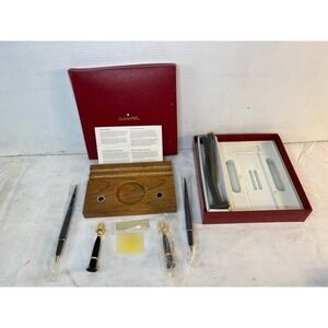 Vintage Sheaffer Desk Pen Set Wood Base 2 Ballpoint Pens NIB‎ Name Plates